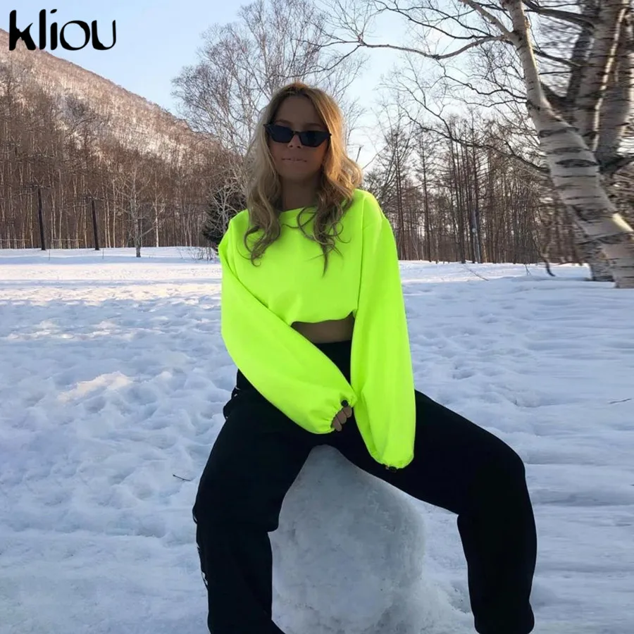 Kliou неоновые зеленые толстовки с круглым вырезом и длинным рукавом, укороченный топ на шнурке, толстовки на осень и зиму, новая уличная одежда, однотонные Свободные толстовки