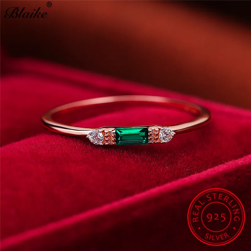 Stacking s925 Sterling Silver Small Rectangle Rings For Women Rose Gold Green White Blue Zircon Stone Thin Ring Wedding Bands | Украшения и
