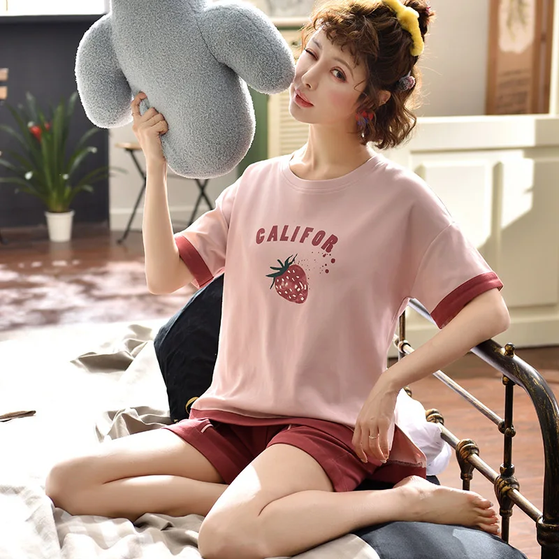 Короткие пижамы с рукавами; летняя хлопковая Свободная Домашняя одежда для девочек в Корейском стиле с героями мультфильмов; можно носить на улице - Цвет: see chart