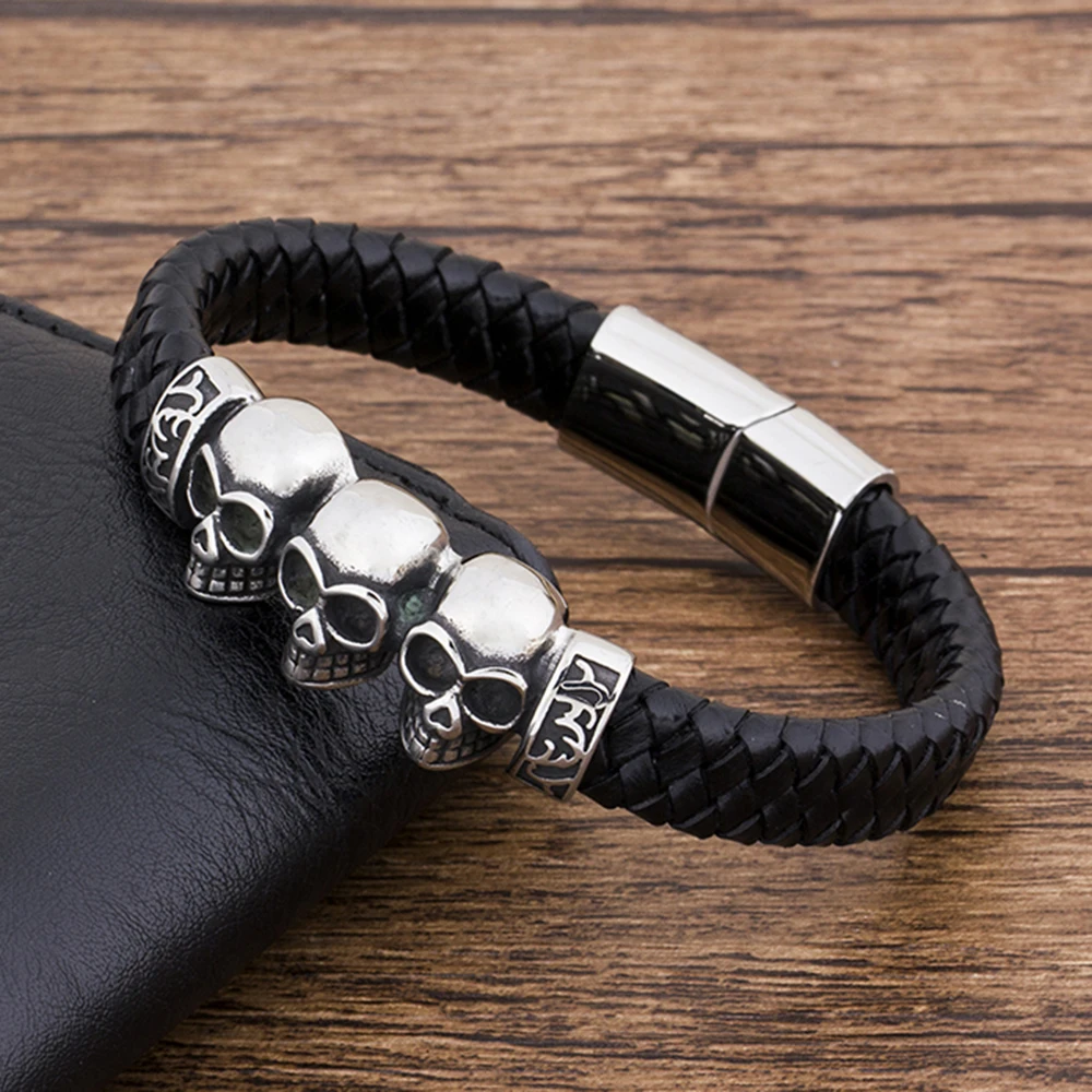 TYO Trendy Woven Rope Magnetic Braided Bone Steel Punk Metal Brand Fashion Wholesale Genuine Leather Men Bracelet Skull - Image 3
