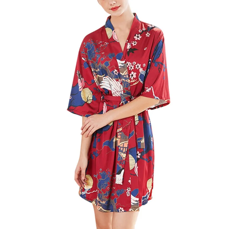 Spring Summer Loose Home Thin Section Short Print Sleeves Cardigan Belt Pajamas Women