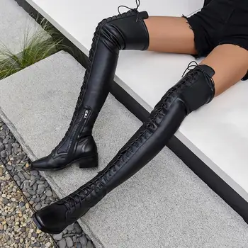 

LAIGZEM Women Thigh High Boots Leather Suede Low Block Heels Boots Wide Calf Friendly Lace Up Shoes Woman Botas Size 33 40 43