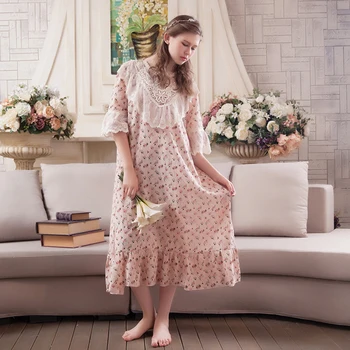 

Women's Long Vintage Nightdress Flower Palace Sweet Princess High Grade Cotton Loose Soft Floral Printed Nightgown Lace Ruffles