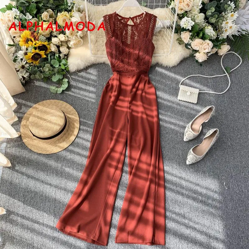 ALPHALMODA Hollow Back Sexy Women Lace Patchwork Rompers Sleeveless Solid Color Straight Leg Women Fashion Jumpsuit