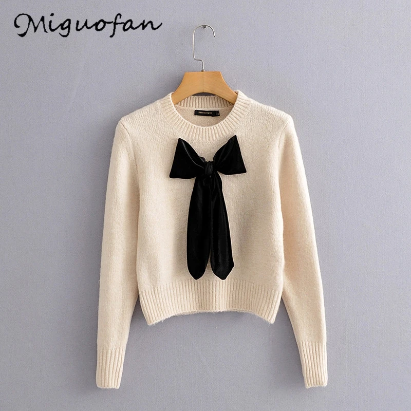 Miguofan, женские свитера, элегантный вязаный Топ, джемперы с бантом, свитер с длинным рукавом, Женские Повседневные свитера, пуловеры, Осенние шикарные топы