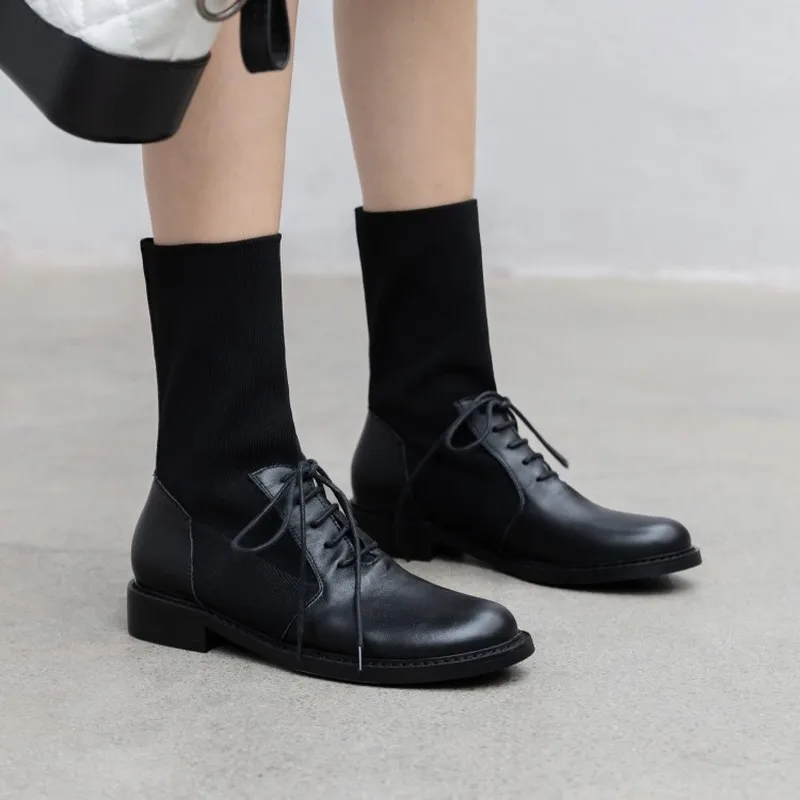 

Womens Square Toe Ankle Boots Snake Pattern Stitching Knitting Pull On Chunky Block Heel Lace Up Genuine Leather Shoes A1675