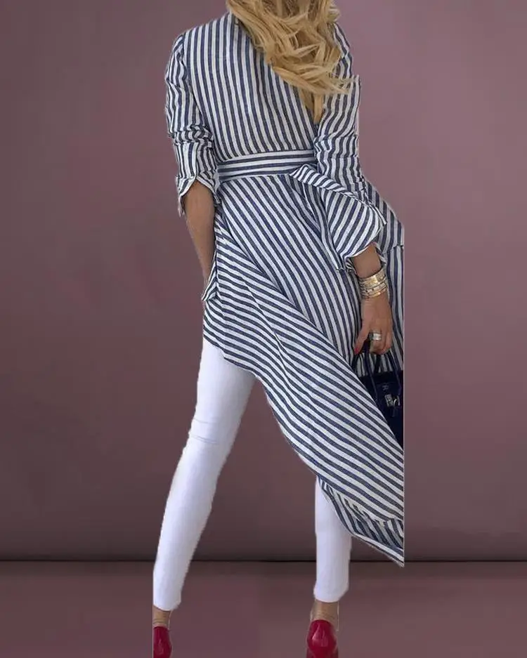 High Street Women Stripe Shirts Long Sleeve V-neck Loose Tops Blouse Striped Tied Front Dip Hem Shirt With Belt Long Shirts