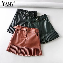 Плиссированные юбки с высокой талией, мини сексуальные короткие юбки, Корейская панк-юбка, элегантные кожаные юбки, Женская юбка из искусственной кожи с карманами