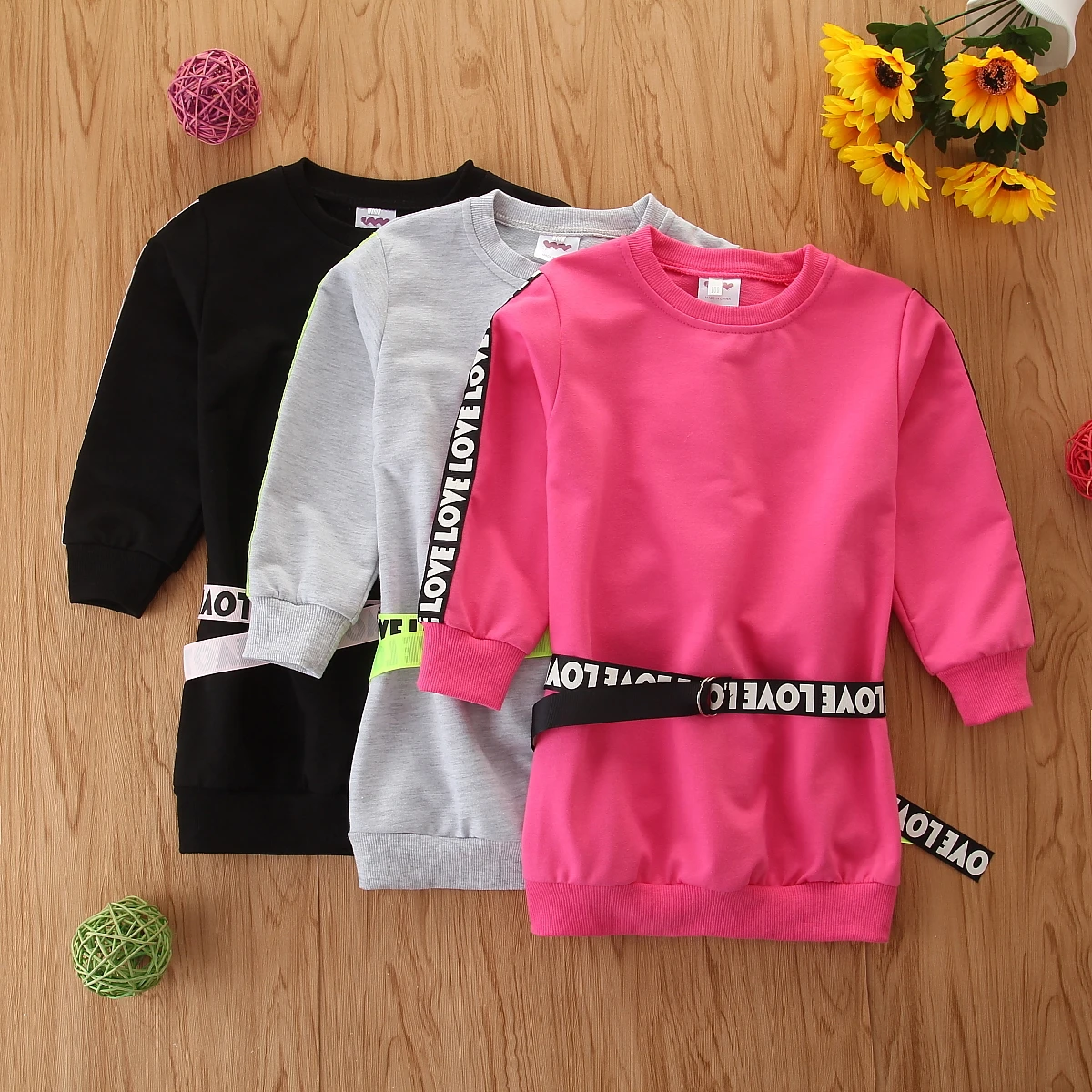 Little Kids Girl Spring Autumn Sweatshirt Dress Solid Color Crew Neck Letter Webbing One-piece Short Dress+Belt | Детская одежда и
