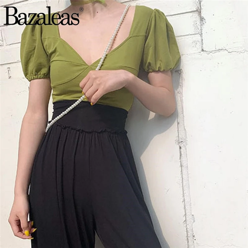 Bazaleas Мода blusas mujer de moda шикарные яркие зеленые Блузы с пышными рукавами элегантная женская блузка Прямая