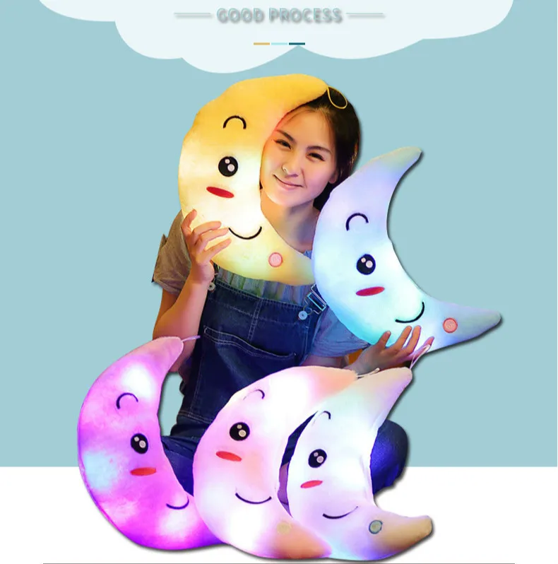 New Kawaii Dream and Creative Colorful Luminous Pillow Plush Toy Moon and Nightlight Doll Girls and Children Birthday Gifts