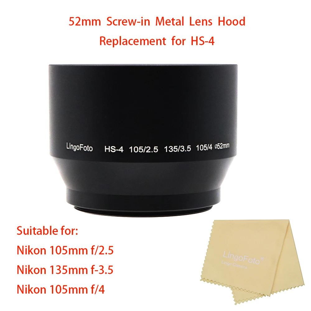 

Для Nikon 105m f/2,5, 135 мм f/3,5, 105 мм f/4, телекамеры диаметром 52 мм металлическая бленда для объектива с объектив тканью для протирки линз, замена для HS-4