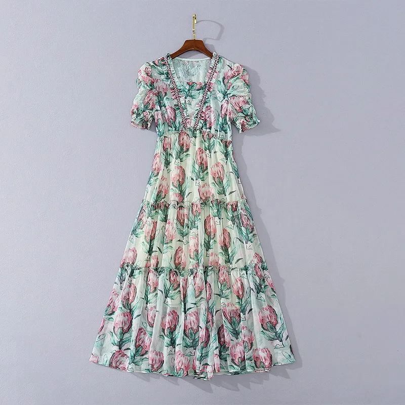 

European and American women's clothing 2020 summer new style Short sleeves with bubble sleeves Fashionable floral print dress