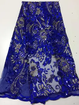 

2019 high quality Blue French sequence sequins net lace,African tulle mesh sequence lace fabric for party dress 5yards/lot