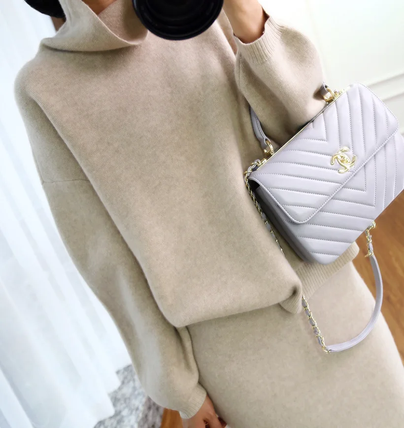 

18 Autumn And Winter High Collar Cashmere Sweater Korean-style Loose-Fit Sweater Women's Knitted Two-Piece Set Sheath Thick Cash