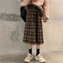 Винтажная клетчатая плиссированная шерстяная длинная юбка Женская Осенняя зимняя теплая Корейская юбка женская уличная повседневная юбка миди с эластичной талией