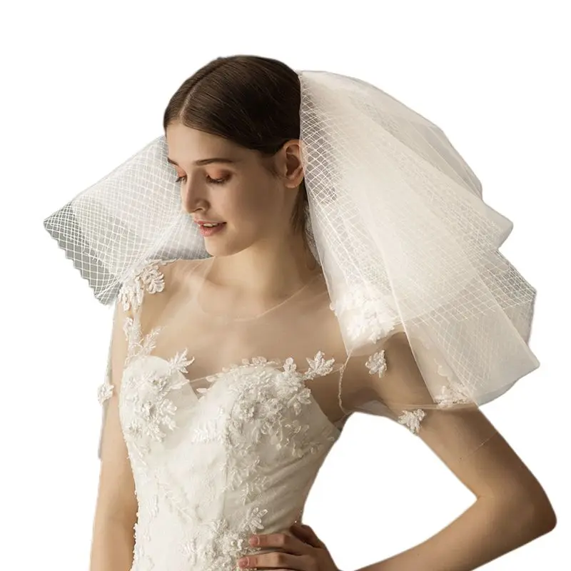 Многослойная Женская фатиновая короткая пышная свадебная вуаль, открытая сетка из ромба, сетка для свадебных брачных волос, аксессуары с расческой N84D