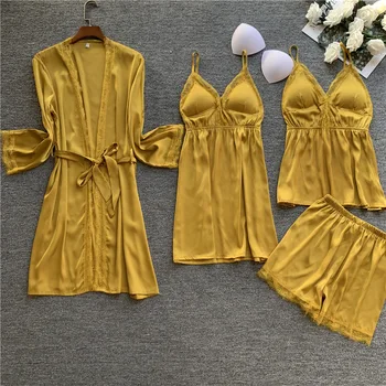 

Sexy Lace Robe Suit 4 Pcs Pajamas Set For Women Large Size Pajamas Set Long Sleeve Ice Satin Silk Sleepwear With Chest Pads