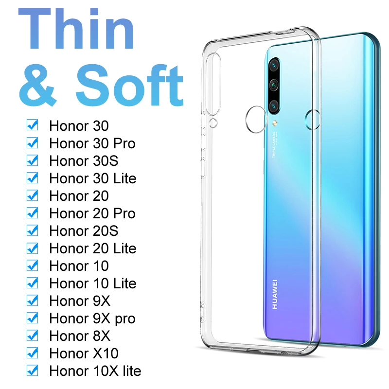 Ultra Thin Silicone Case For Huawei Honor 30S 20S 30 20 Pro 20i 10i 10 10X Lite 9A 9X Pro X10 Max Clear Soft Back Cover Fundas case iphone 12 pro