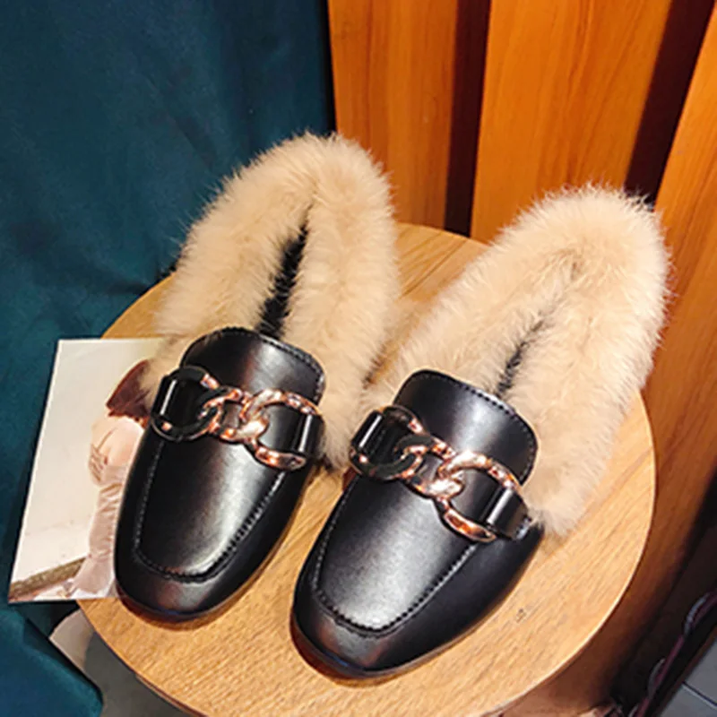 winter warm slip-on moccasins long plush square toe metal chain flats loafers luxury furry rabbit hair lazy espadrilles footwear 4