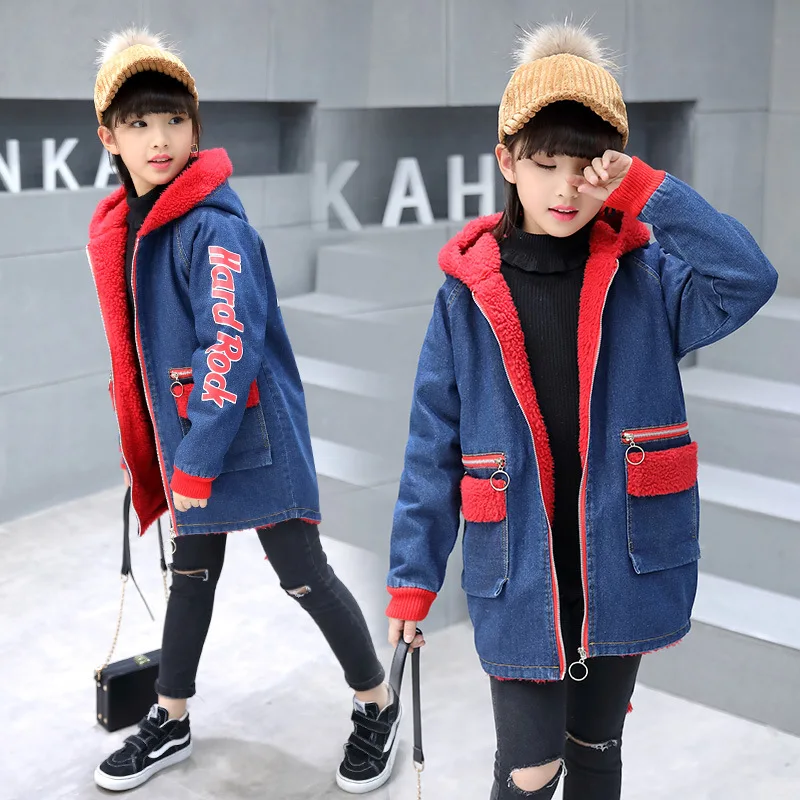 letters red fleece girls denim jacket winter thermal kids jean coat fall spring children's clothing