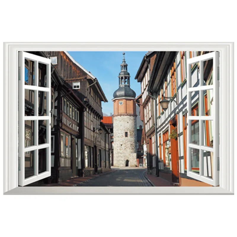 Западный стиль город Вид росписи украшения древняя башня 3d поддельные окна