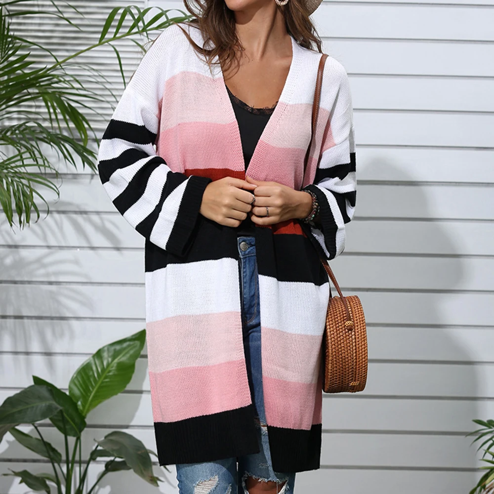 Женский свитер в полоску LASPERAL Свободный кардиган с драпировкой и длинным рукавом