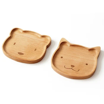 

Wooden Tableware Cute Kitten Bear Solid Wood Bowl Cartoon Pattern Food Fruit Plate Tray Children Baby Serving Wooden Board
