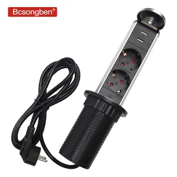 

Bcsongben PULL Table socket POP UP 2 Power Socket 2 USB Charging Port Desktop 16A Sockets Hidden Kitchen Table Worktop EU Plug