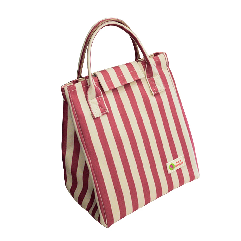 Rose Red Thermal Insulation Picnic School Food Container Reusable Waterproof Portable Leakproof Lunch Bag Office Oxford Cloth Stripe Tote - Color: Rose Red