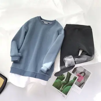 

New 6-10 years old girl baby winter plus velvet cotton big children pullover round neck fake two sweater leggings childrens suit