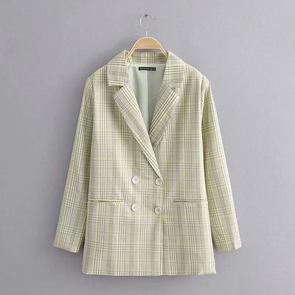 green blazer Звездный Светлячок повседневный элегантный тонкий карманный костюм женский хлопок тканый тонкий свежий зеленый клетчатый блейзер для женщин - Цвет: green blazer