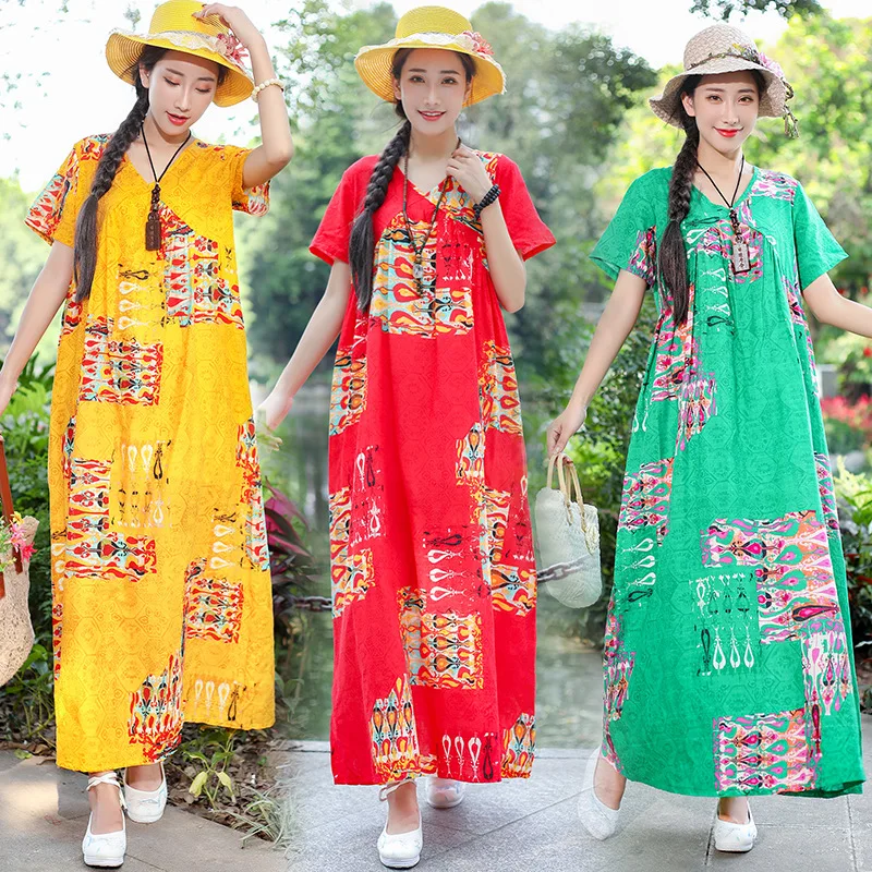 

Womens Summer Dress 2019 Printed Short Sleeve Cotton Linen Long Dress Korean Nationality Style Elegant Dresses Party Vestidos