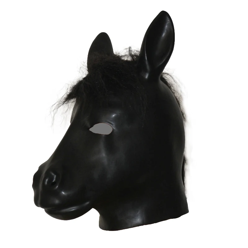 LatexHorseHoodMaskAdultFetishBondageHoodRubberHorseMaskswithHairswithZipper