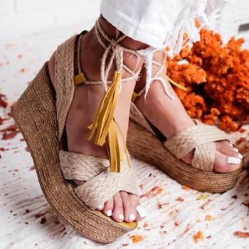 

Summer Women sandals Wedges hemp buckle strap Casual Beach Platform Ladies Shoes Height Increasing Chunky Zapatos De Mujer