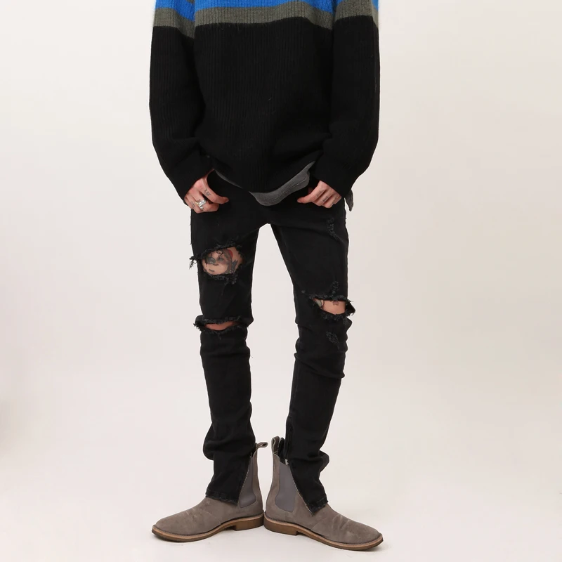 Tide thin knees hole black Slim zipper feet jeans men's autumn and winter new trousers high street