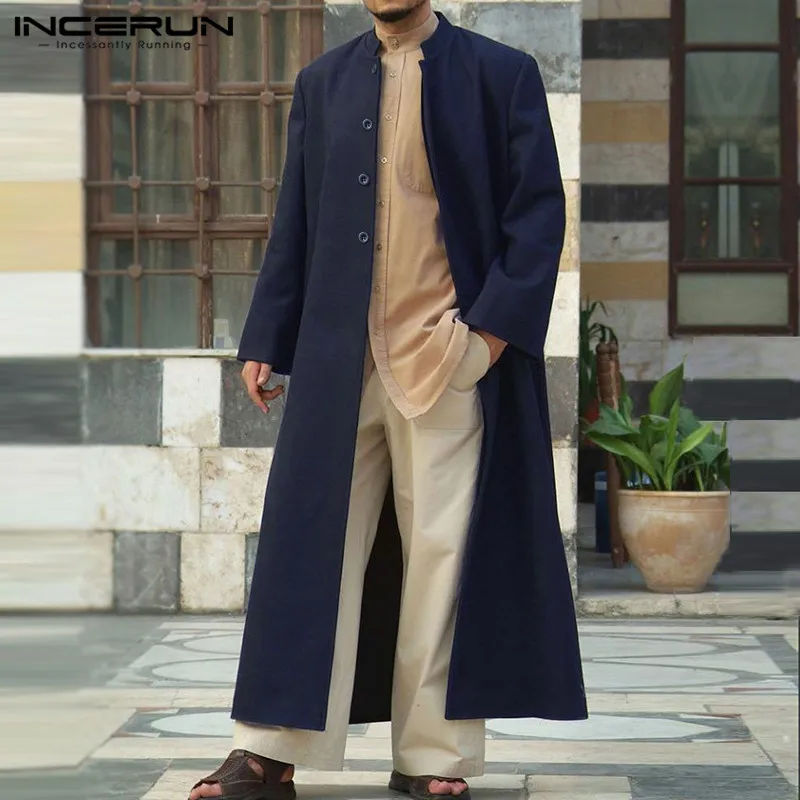 

INCERUN Winter Coats Men Solid Color Blends Man Long Sleeve Stand Collar Trench Fashion Buttons Long Style Thick Overcoats S-5XL