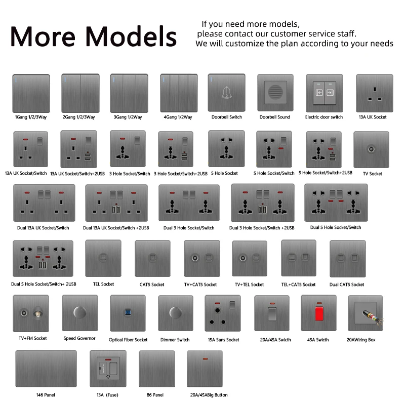 Grey Silver EU Metal Power Supply Socket LED Gang On Off, 53 OFF