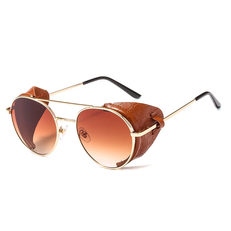 C1 Brown Pro Acme Fashion Retro Steampunk Sunglasses Women Men Gothic Punk Round Sun Glasses Leather Side Shield Brand Design PA1281 - Цвет линз: C1 Brown