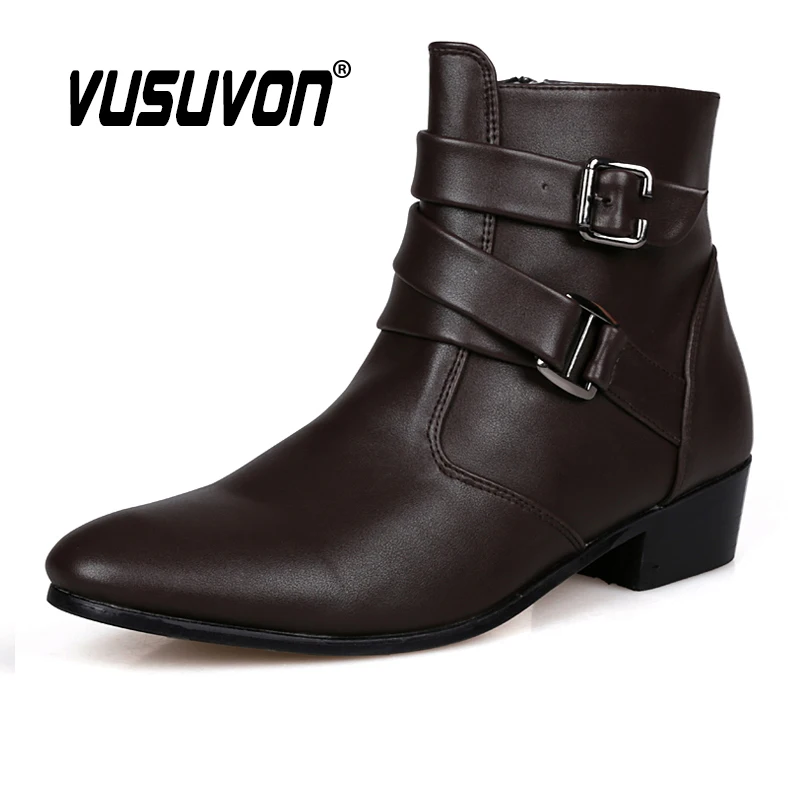 Fashion Men Spring Autumn Pointed Toe Height Increase Chelsea Ankle Boots Western High Top Casual Shoe PU Leather men chelsea boots men leather shoes