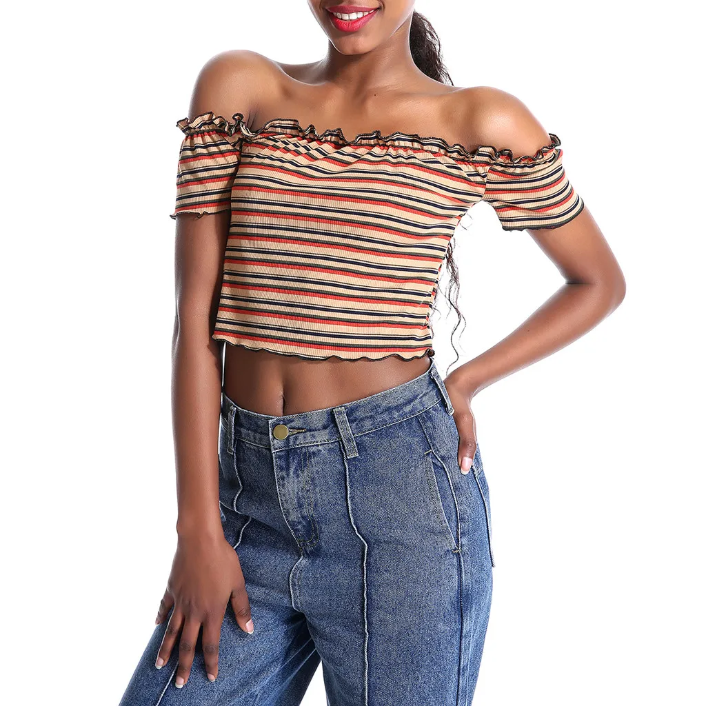 Стильный бар Лидер продаж уличная майка женская сексуальная с открытыми плечами в полоску блузки с оборками майки кроп дамы слэш шеи Тройник топы