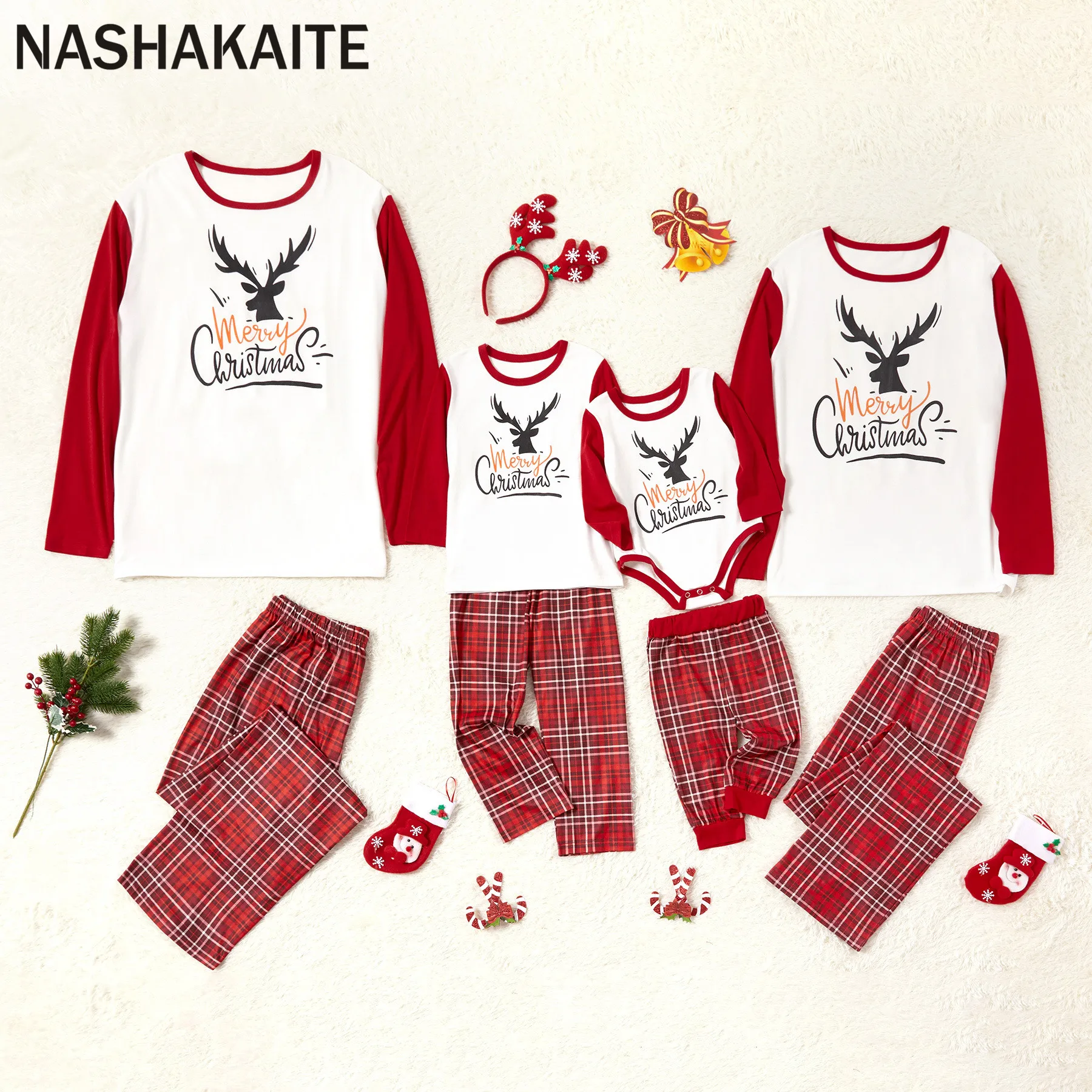 NASHAKAITE Рождественская пижама с принтом в виде букв; комплект одежды в полоску; пижамный комплект; сезон осень-зима; Семейные рождественские пижамы