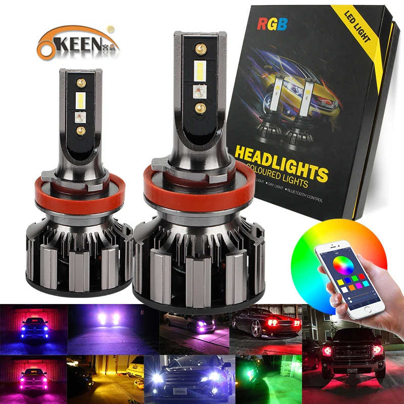 OKEEN 2 шт. H4 H7 светодиодный светильник RGB светодиодный головной светильник для всех автомобилей супер яркий 7600LM налобный фонарь приложение Bluetooth управление музыкой светодиодный противотуманный светильник