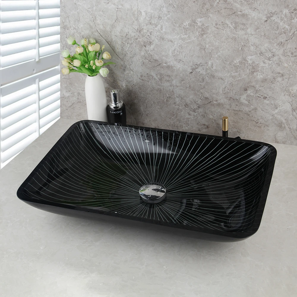 Square Black Bathroom Sink Washbasin Bath Set Faucet Mixer Tap