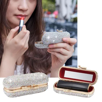 

Ladies With Mirror Lipstick Case Fashion Universal Clip Holder Vintage Luxurious Daily Portable Shiny Diamonds Gift Organizer
