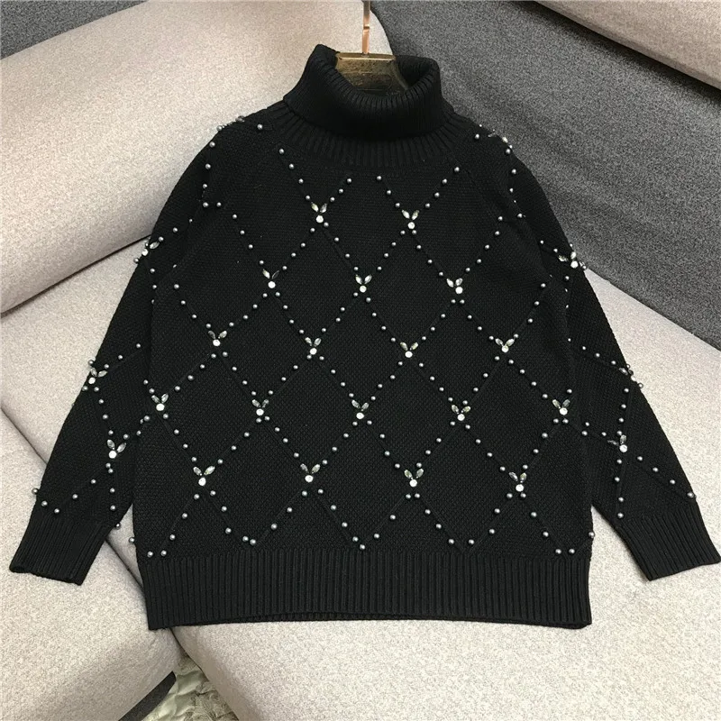 Роскошный дизайнерский брендовый вязаный свитер для женщин с высоким воротником ручной работы, расшитый бисером и бриллиантами, Свободный вязаный пуловер, свитер - Цвет: Черный
