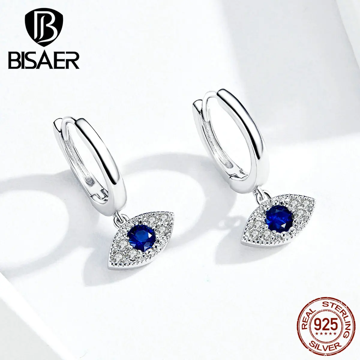 Синие серьги в форме глаз BISAER 925 пробы серебряные серьги-гвоздики с цирконием для женщин ювелирные изделия из стерлингового серебра EFE274