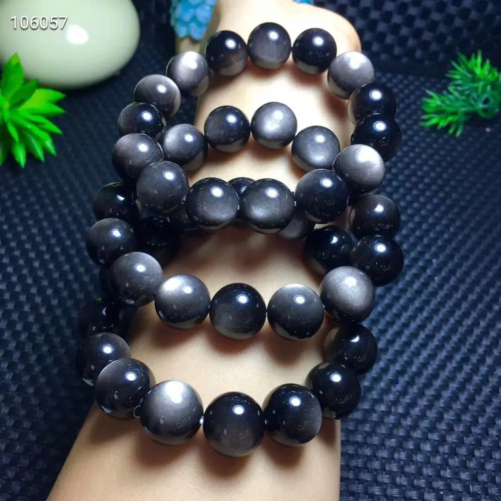 

14mm Natural Silver Obsidian Bracelet Gemstone Bracelet Round Beads Stretch Bracelet Man Lady Best Gift AAAAA Free Shipping
