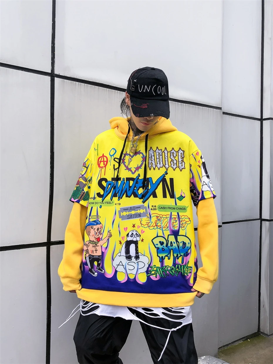 Хип-хоп худи граффити Мужской пуловер с капюшоном Harajuku осень зима модная повседневная Уличная желтая толстовка мужская WO031