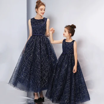 

Navy Blue Parent-Child Formal Gowns B107 A-Line Party Dress Square Neck Sleeveless Elegant Vestidos Ankle-Length Evening Dresses